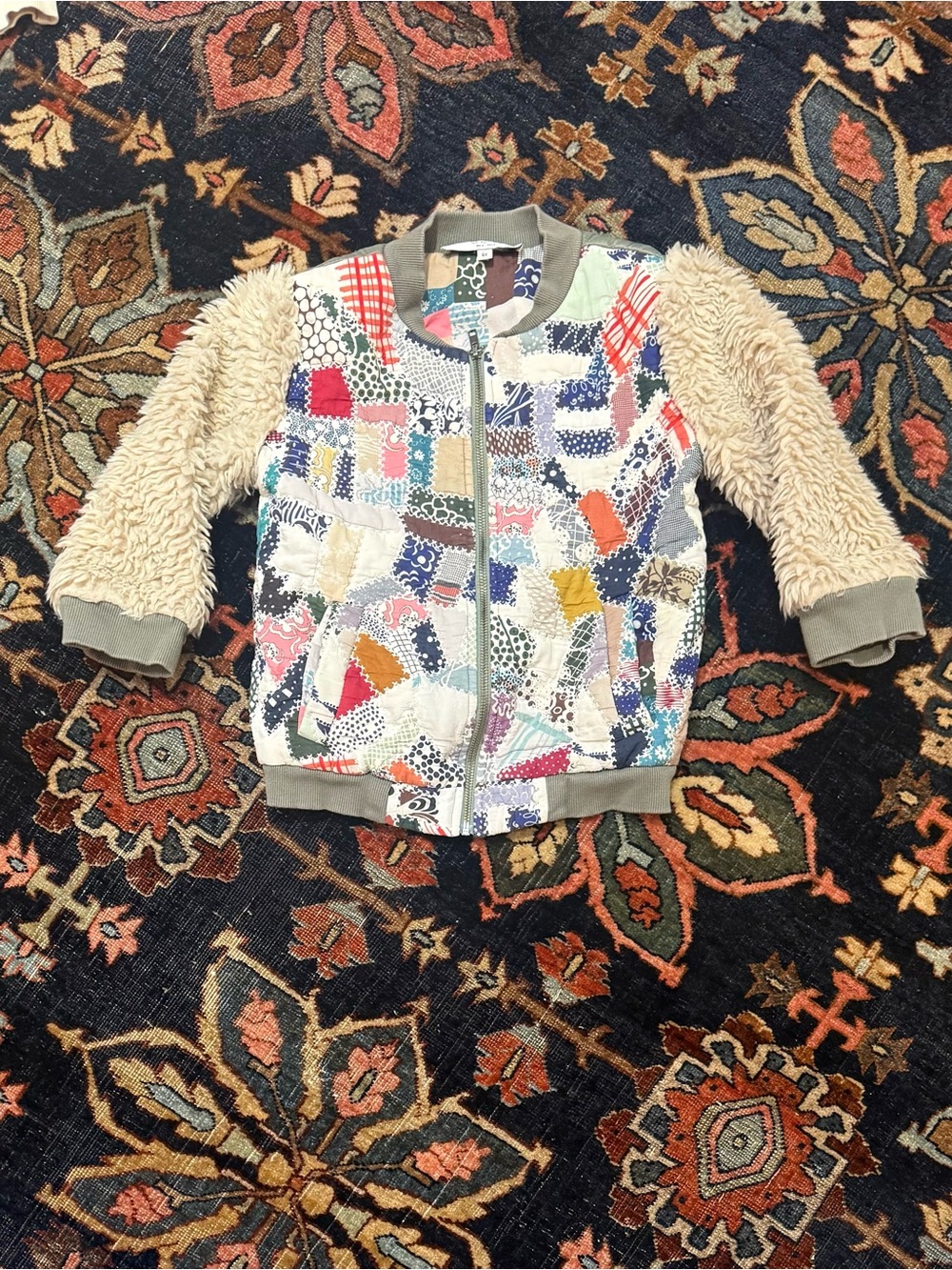 Sea New York Multicolor Patchwork Jacket with Cream Sherpa Sleeves